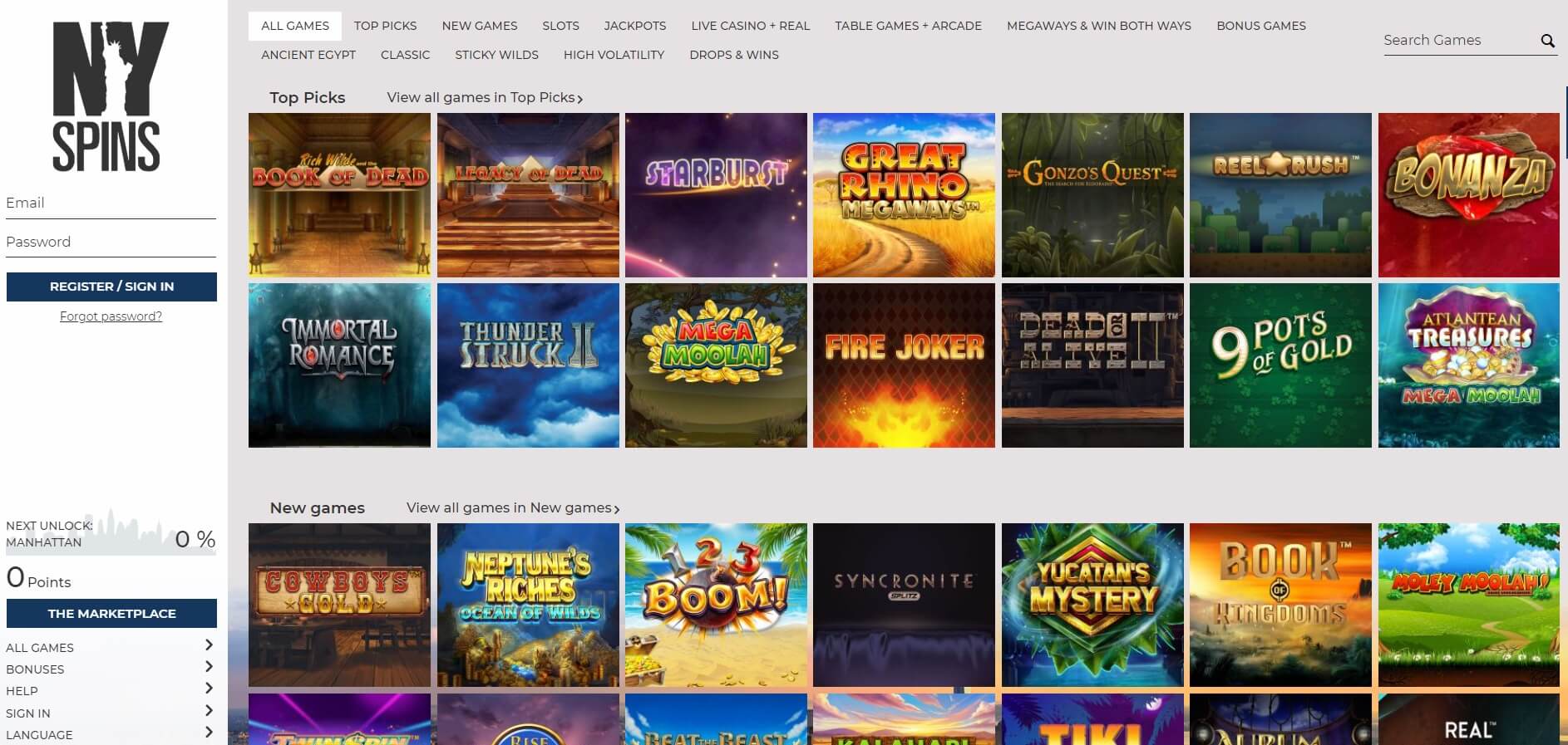 ny spins casino games screenshot